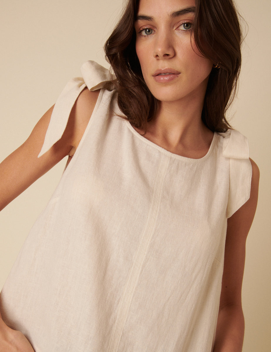 Secondary image ofCream Linen-blend Tie Shoulder Swing Top