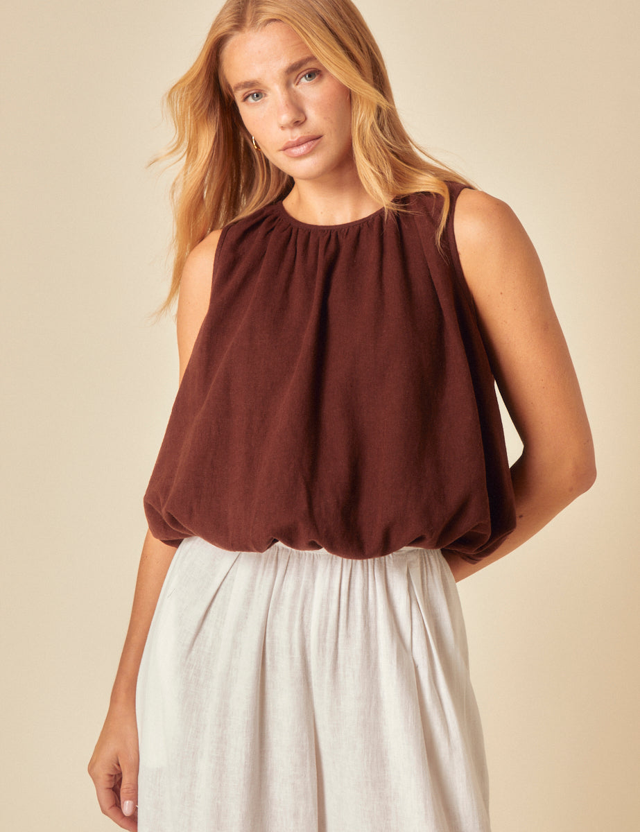 Secondary image ofBrown Linen-blend Bubble Hem Top