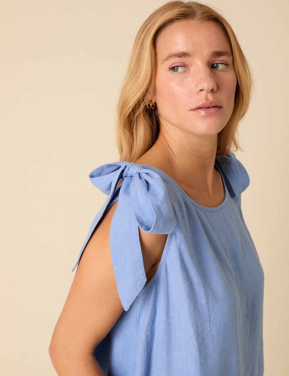Secondary image of Blue Linen-blend Tie Shoulder Swing Top